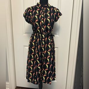 TU Parrots Print Tea Midi Dress Vintage Size 10 (best for‎ Small)